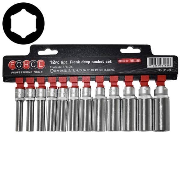 12PC 3/8" Drive 6Pt Flank Deep Socket Set 8-19MM 63MM Length