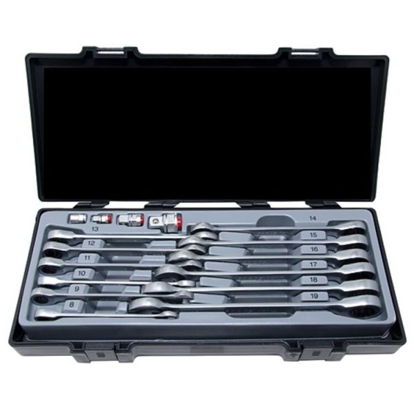 16PC Flat Ratchet Wrench & Adapter Set 8-19MM